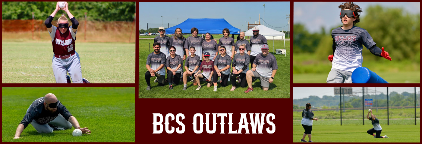 The text “BCS OUTLAWS” on a maroon rectangle sits beneath a team photo. A collage of photos on either side: Hillary Oswald kneels while holding up a ball she fielded. Justin Romack stretches forward on his knees to field a ball. Alex Quick runs through the blue pillar base. Crystal Stark runs towards Abigail Junek as she kneels holding a ball high above her head.